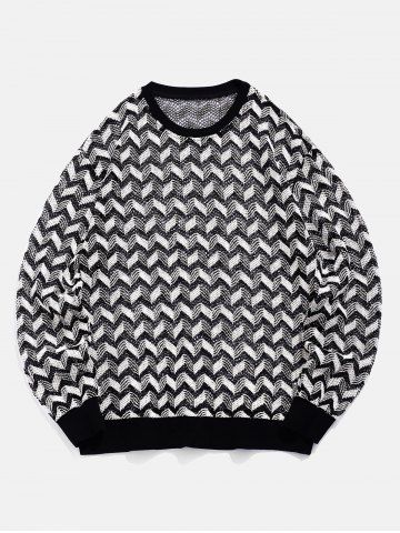 Men's Daily Zig Zag Stripes Openwork Design Pointelle Crew Neck Long Sleeve Knitwear - BLACK - XXL