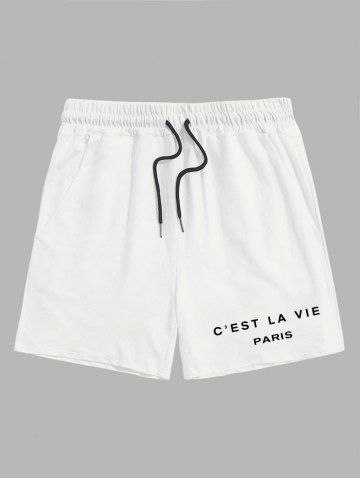 Letter C'EST LA VIE PARIS Graphic Printed Drawstring Shorts - WHITE - XL