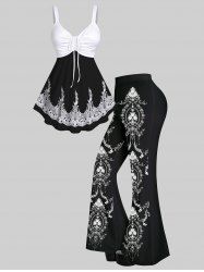 Floral Lace Panel Print Cinched Tank Top And Flower Branch Tassel Print Flare Pants Gothic Outfit -  