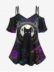 T-shirt Gothique Fleur Chat Coloré Lune Imprimés à Epaule Dénudée à Bretelle - Noir 4X
