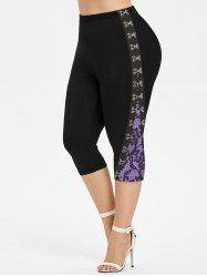 Plus Size Hook and Eye Floral Lace 3D Print Capri Leggings -  