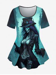Plus Size Wizard Skeleton Castle Hat Printed Halloween T-shirt -  