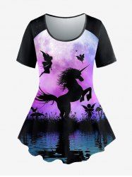 Plus Size Unicorn Butterfly Angel Plant Lake Print T-shirt -  