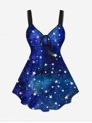 Plus Size Galaxy Star Glitter Print Cinched Tank Top -  