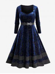 Plus Size Floral Figure Lace Trim Belted Velvet Dress -  