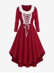 Plus Size Lace Up Fluff Collar Grommets Sweater Dress -  