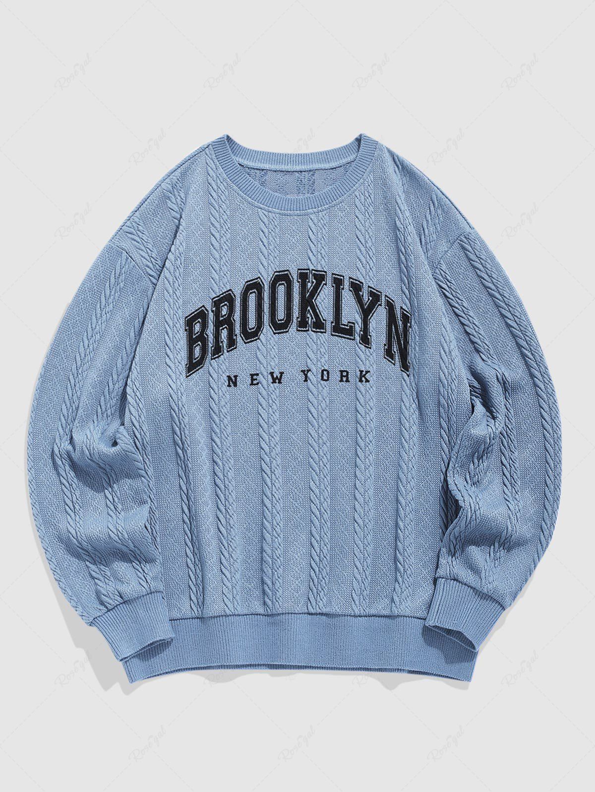 Fancy Men's Casual Letter BROOKLYN NEW YORK Graphic Printed Cable Knit Jacquard Textured Crew Neck Long Sleeve Sweater  