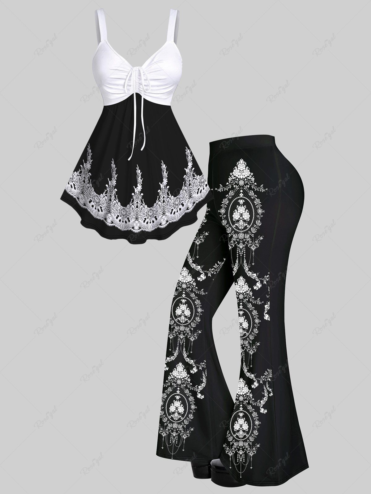 Fashion Floral Lace Panel Print Cinched Tank Top And Flower Branch Tassel Print Flare Pants Gothic Outfit  