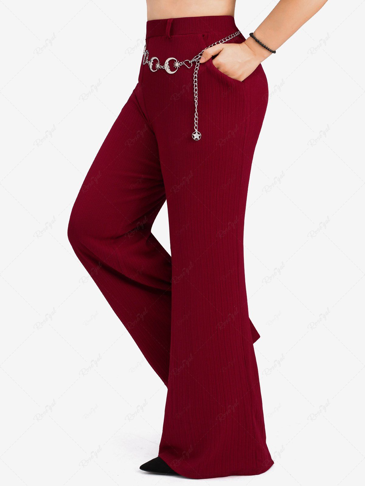 Chic Plus Size Ribbed Pocket Star Moon Chain Wide Leg Pants  