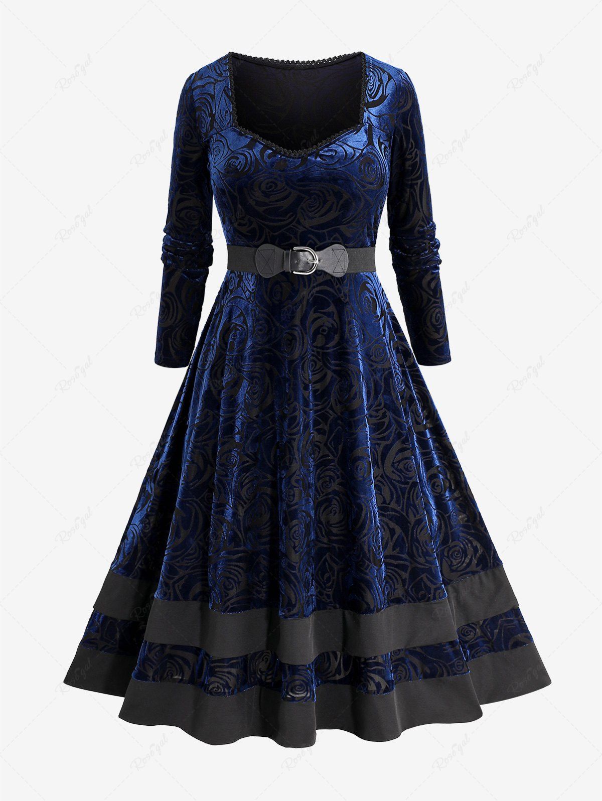 Sale Plus Size Floral Figure Lace Trim Belted Velvet Dress  