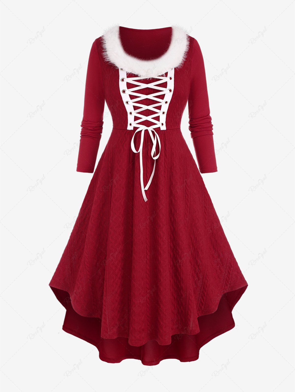 Latest Plus Size Lace Up Fluff Collar Grommets Sweater Dress  