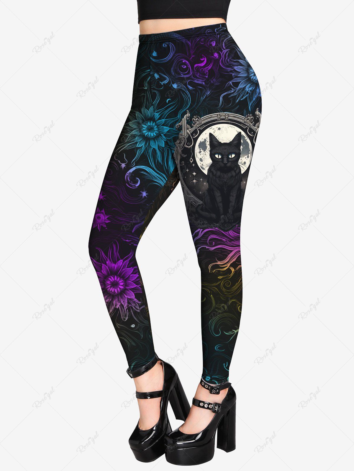 Affordable Gothic Moon Cat Colorful Flower Glitter Printed Skinny Leggings  