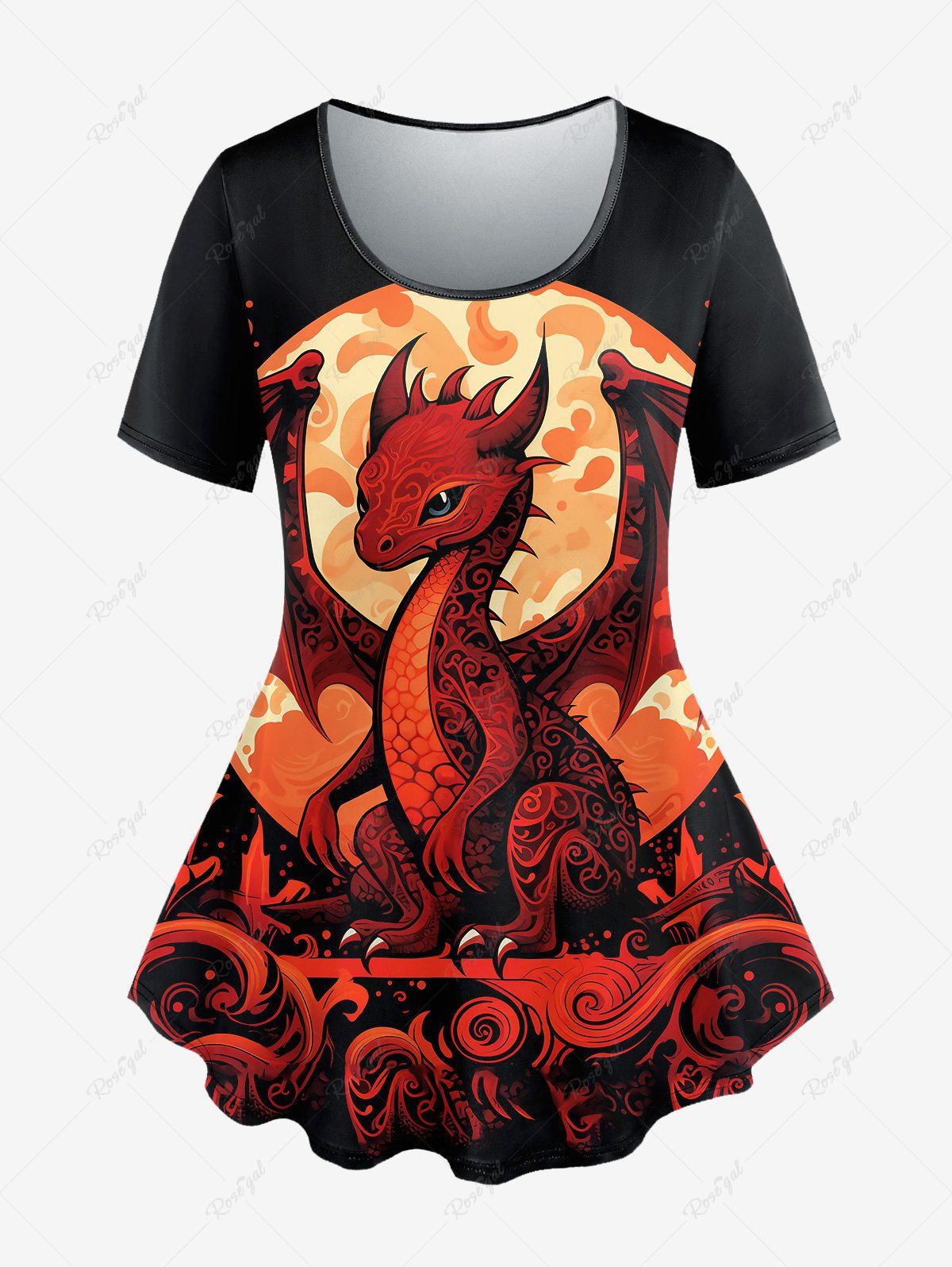 T-shirt Gothique Dinosaure Coloré Soleil Imprimé à Manches Courtes Noir 1X