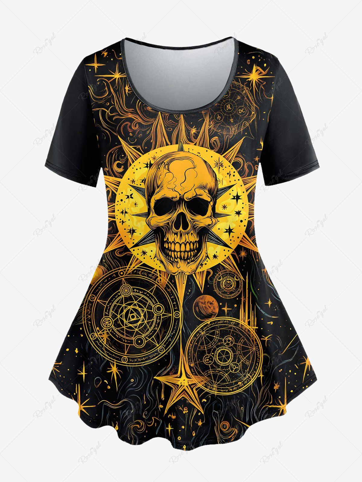 Sale Gothic Sun Skull Divination Glitter Print Short Sleeves T-shirt  