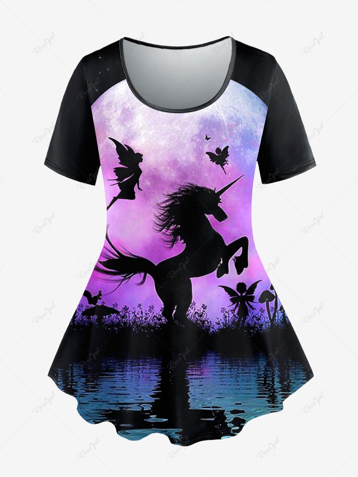 Outfit Plus Size Unicorn Butterfly Angel Plant Lake Print T-shirt  
