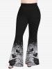 Halloween Costume Plus Size Eagle Tree Ink Painting Printed Short Sleeves T-shirt and Flare Pants Outfit -  