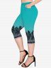 Floral Paisley Print Cinched Tank Top and Pockets Capri Leggings Plus Size Outfits -  