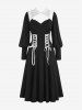 Gothic Floral Lace Panel Cut Out Lace Up Ruched Balloon Sleeves Dress -  