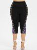 Plus Size Hook and Eye Floral Lace 3D Print Capri Leggings -  