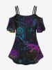 Gothic Moon Cat Colorful Floral Glitter Print Cold Shoulder Cami T-shirt -  