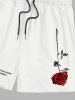 Men's Rose Slogan Printed Casual Drawstring Shorts -  