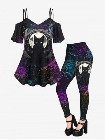 Gothic Moon Cat Colorful Floral Glitter Printed Cold Shoulder Cami T-shirt and Leggings Outfit