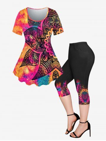 Plus Size Tie Dye Glitter Paisley Printed T-shirt and Pockets Capri Leggings Outfit - MULTI