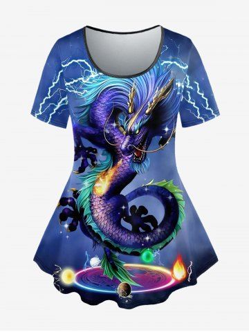 Plus Size Galaxy Dragon Flame Lightning Print T-shirt - BLUE - M