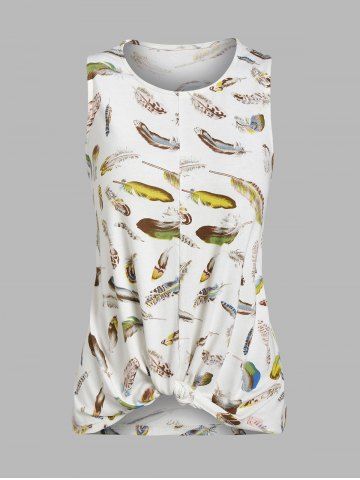 Twist Front Feather Print Tank Top - WHITE - XL