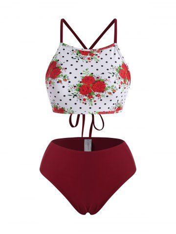 Polka Dot Flower Cross High Rise Tankini Swimwear - DEEP RED - L