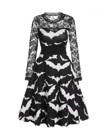 Halloween Bat Print Sheer Lace Sleeve A Line Dress - BLACK - L