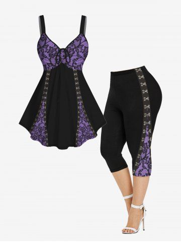 Hook and Eye Floral Lace 3D Print Cinched Tank Top and Capri Leggings Plus Size Outfits - BLACK