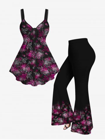 Flower Leaves Print Cinched Tank Top and Flare Pants Plus Size 70s 80s Outfits - DEEP RED