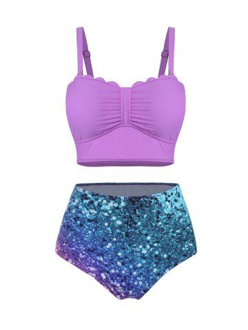 Printed Scalloped High Waisted Bikini Swimwear - TYRIAN PURPLE - S