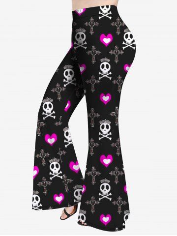 Halloween Plus Size Skull Heart Cross Crown Bone Print Flare Pants - BLACK - XS
