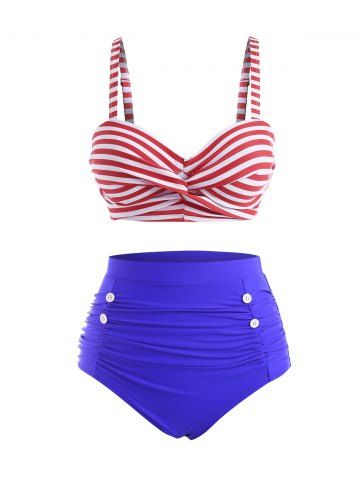 Sailor-style Stripes Twisted High Waisted Bikini Swimwear - BLUE - S