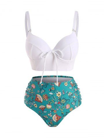 Maillot de Bain Tankini Fleur avec Nœud Papillon à Volants Style Bohémien - WHITE - XL