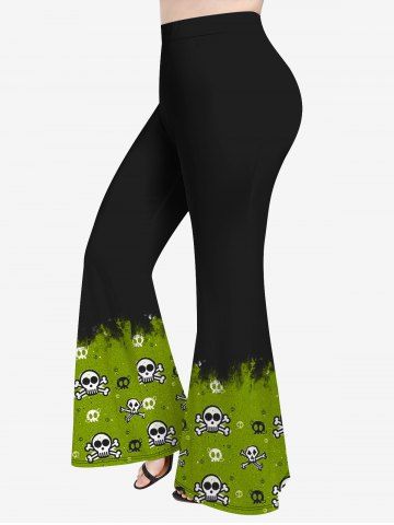 Pantalon Evasé D'Halloween Crâne Imprimée en Blocs de Couleurs de Grande Taille - BLACK - 1X