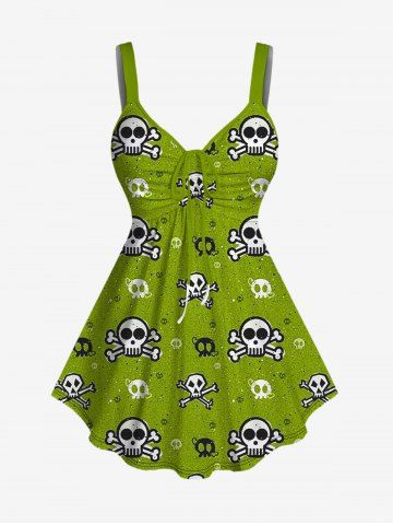 Halloween Plus Size Skull Print Cinched Tank Top - LIGHT GREEN - M