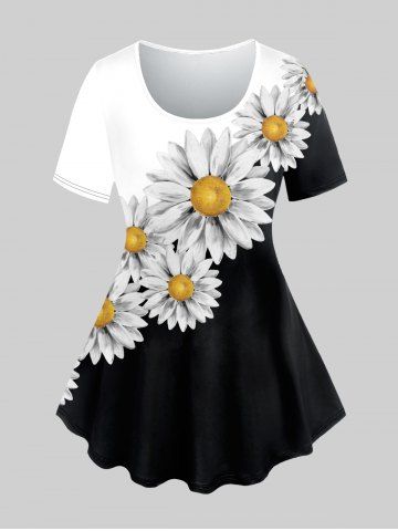 Plus Size Flower Colorblock Print T-shirt - BLACK - 5X