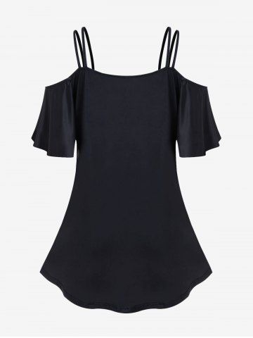 Plus Size 3D Buckle Chains Print Cold Shoulder T-shirt