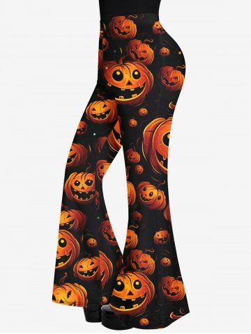 Pantalon D'Halloween Evasé Lanterne de Citrouille Imprimée - BLACK - S
