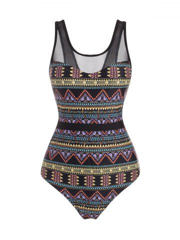 Mesh Insert Tribal Print Lace-up One-piece Swimwear - MULTI - M