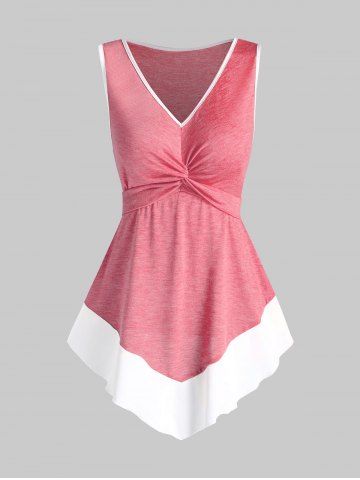 Twist Front Pointed Hem Contrast Flare Tank Top - PINK - M