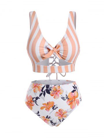 Striped Floral Cutout Lace-up Knot Tankini Swimwear - LIGHT SALMON - XL