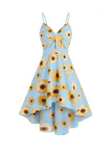 Spaghetti Strap Sunflower Print High Low Dress - LIGHT BLUE - M