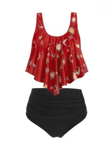 Sun Stars Moon Flounce High Waisted Tankini Swimsuit - RUBY RED - 2XL