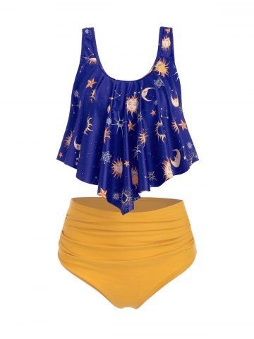 Sun Stars Moon Flounce High Waisted Tankini Swimsuit - BLUEBERRY BLUE - S