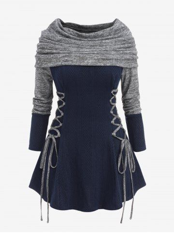 Plus Size Convertible Collar Lace Up Patchwork Textured Cable Knit Long Sleeves Pullover Sweater - DEEP BLUE - M | US 10