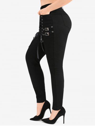 Plus Size Lace Up Pockets Buckle Pull On Leggings - BLACK - L | US 12